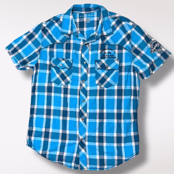 Arizona Jean Co Blue Plaid Western Shirt Snap Button Down Short Sleeve Medium - Picture 1 of 7